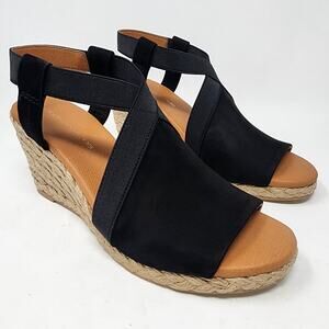 Andre Assous Wedge Sandal Women 7.5M Nalik Black Suede Braid Open Toe Espadrille